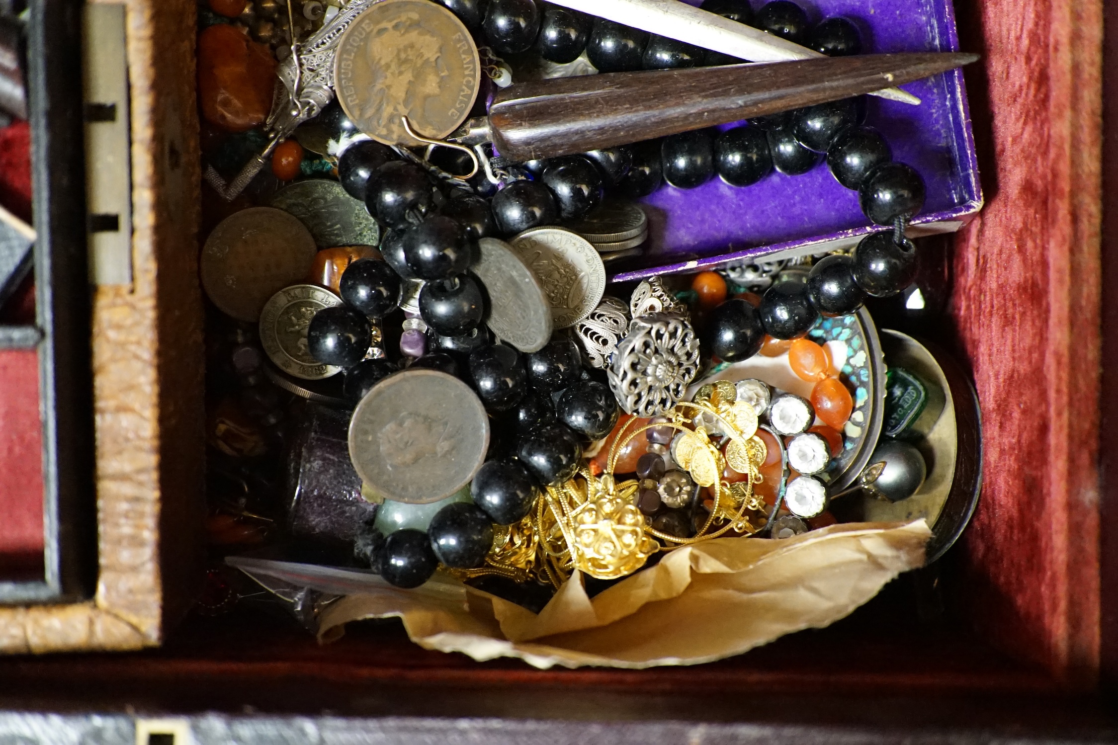 A large quantity of assorted Victorian and later mainly costume jewellery, including necklaces, watches, coins etc. Condition - poor to fair to good